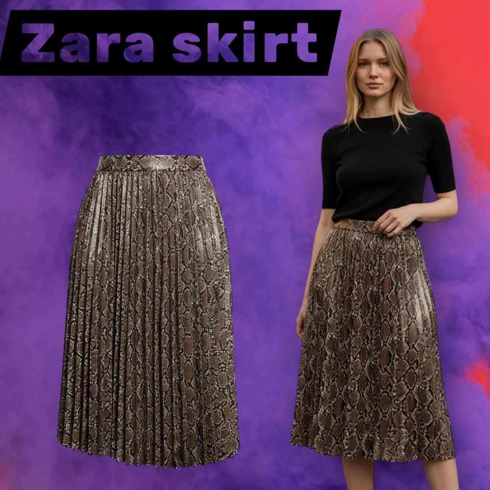 Zara Brown Snake-Print Pleated Midi Skirt - Picture 10 of 17